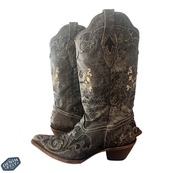 CORRAL Vintage Black Leather w/ Lizard Inlay Snip Toe Western/Cowboy Boots - Picture 1 of 16